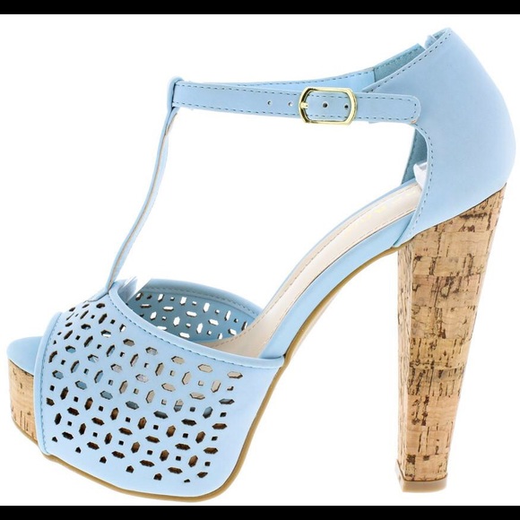 🎉Restocked🎊Baby Blue Nubuck Cork Chunky Platform High Heeled Sandals - Picture 2 of 3